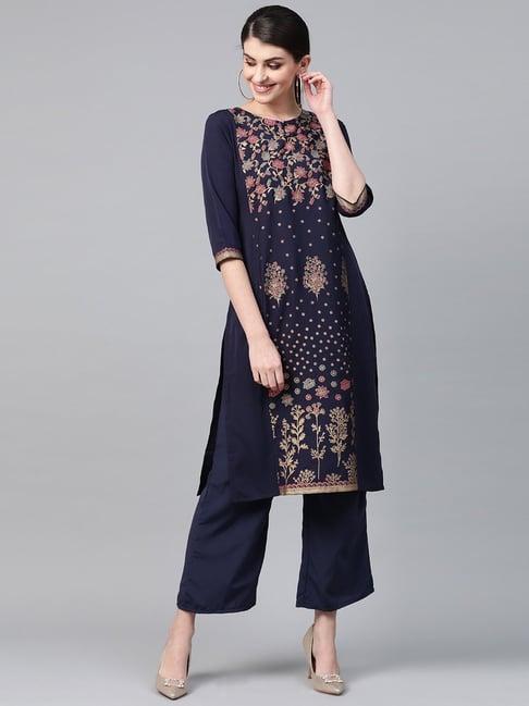 ziyaa navy floral print straight kurta