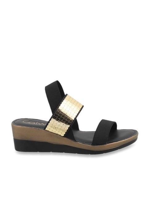 catwalk women's black & gold sling back wedges