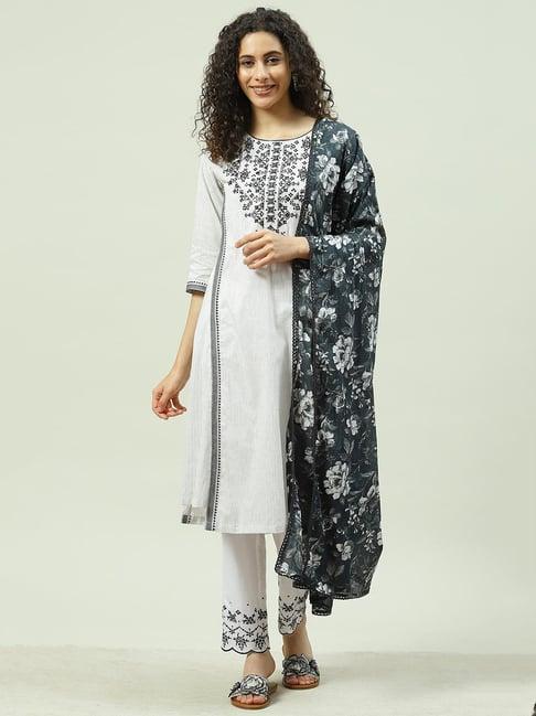 biba black & white embroidered kurta with pant & dupatta