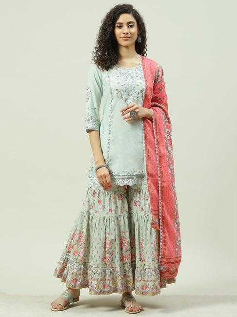 biba turquoise embroidered kurta with sharara & dupatta