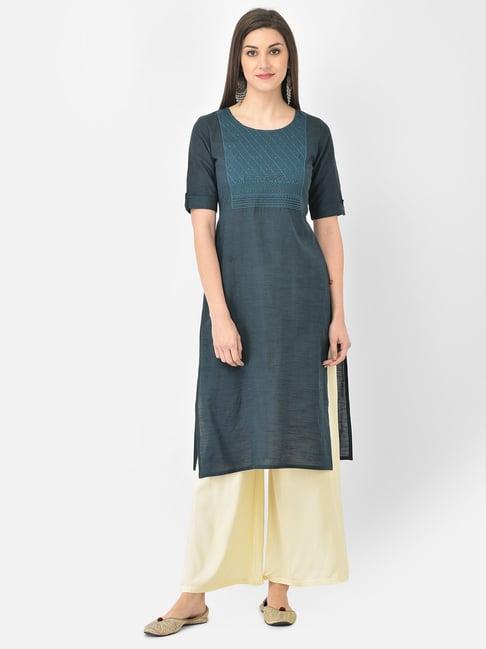 span blue cotton embroidered straight kurta