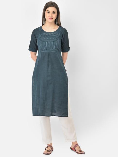 span blue cotton embroidered a line kurta