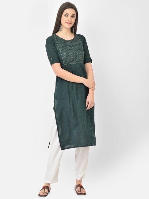 span green cotton embroidered a line kurta