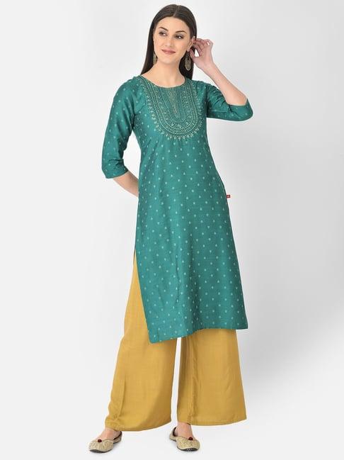 span green embroidered straight kurta