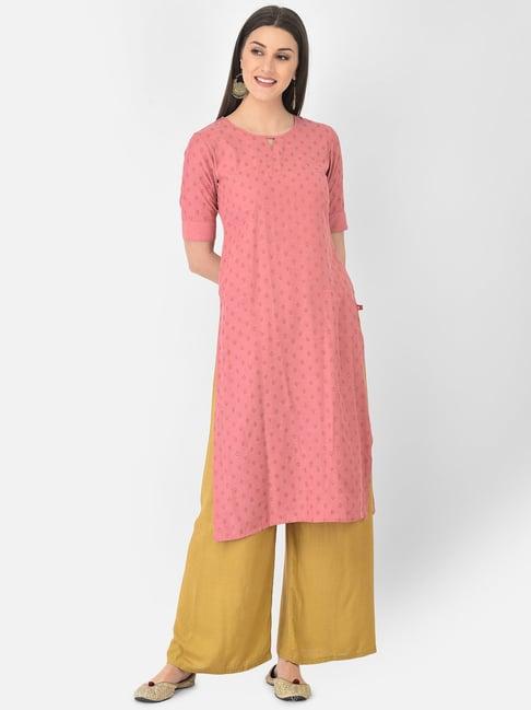 span pink cotton printed straight kurta