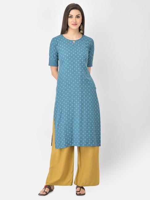 span blue cotton printed straight kurta