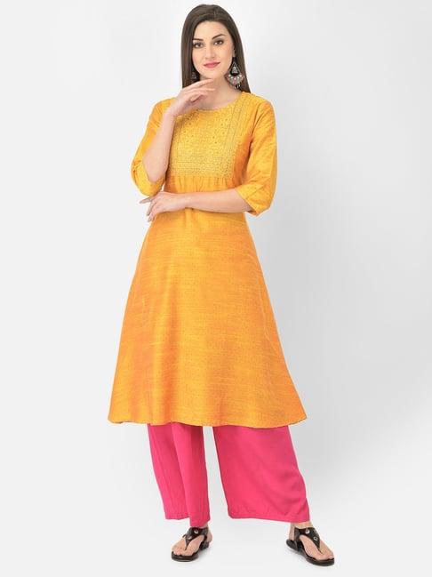 span yellow embroidered a line kurta