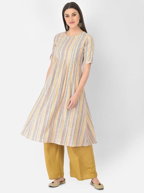 span beige cotton striped a line kurta