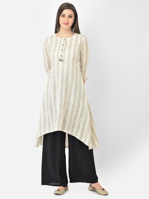 span off-white cotton striped a line kurta