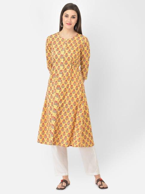 span yellow cotton printed a line kurta