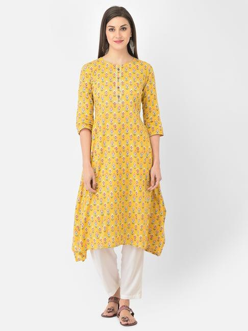 span yellow cotton printed a line kurta