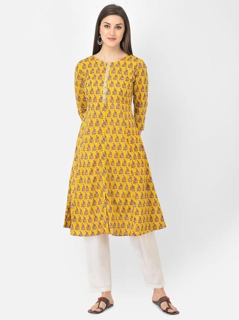 span yellow cotton printed a line kurta