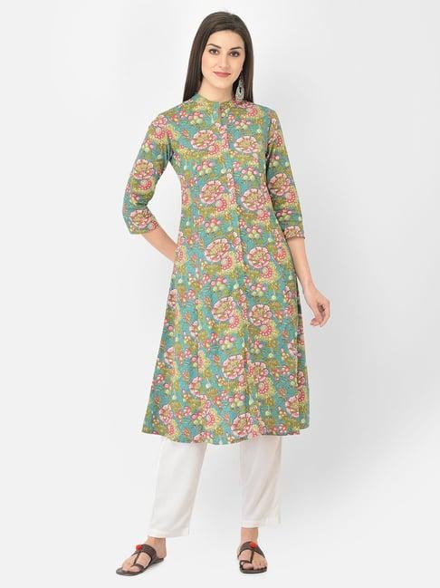 span blue & green cotton floral print a line kurta