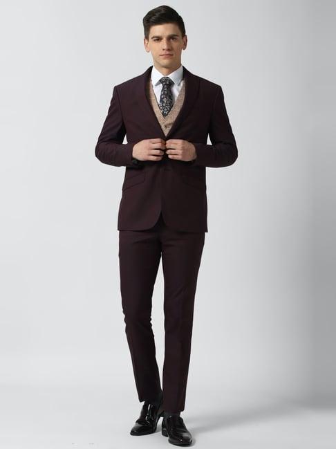 peter england brown slim fit self pattern three piece suit