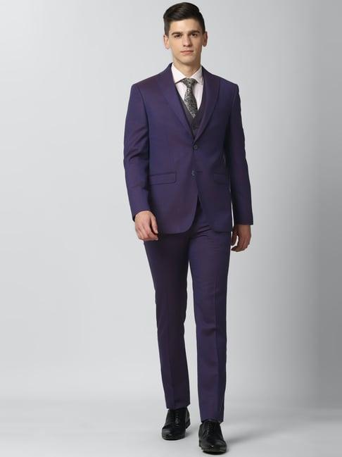 peter england purple slim fit self pattern three piece suit