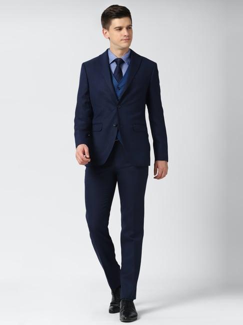 peter england navy slim fit self pattern three piece suit