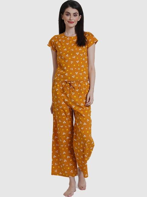 yash gallery mustard cotton printed top pyjama set