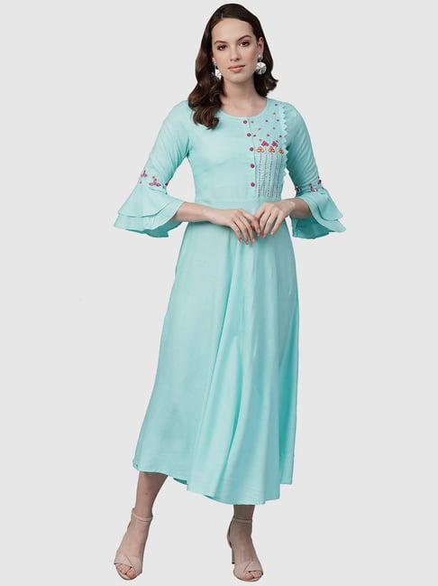 yash gallery turquoise embroidered a-line dress