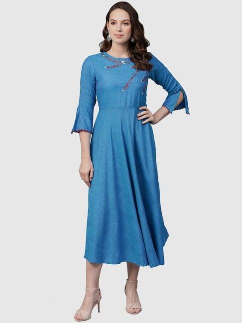 yash gallery blue embroidered a-line dress