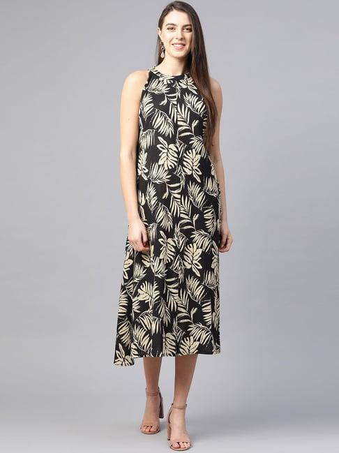 yash gallery black & beige cotton printed a-line dress