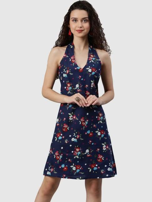 yash gallery blue cotton floral print a-line dress