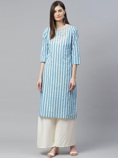 yash gallery white & sky blue cotton striped straight kurta