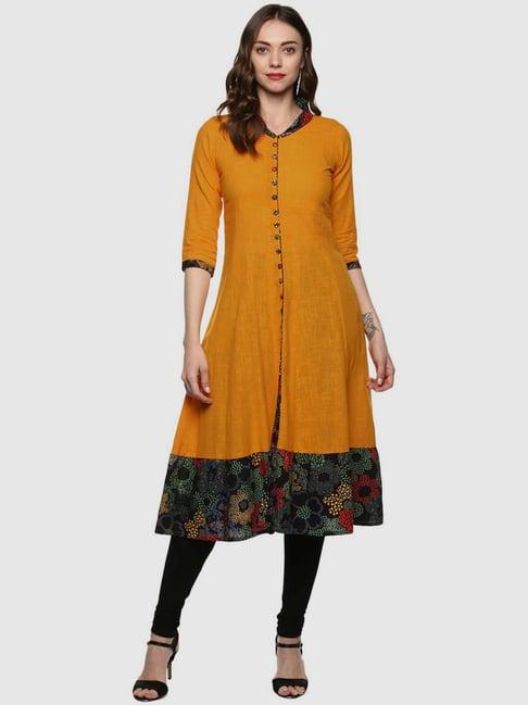 yash gallery mustard cotton floral print a line kurta