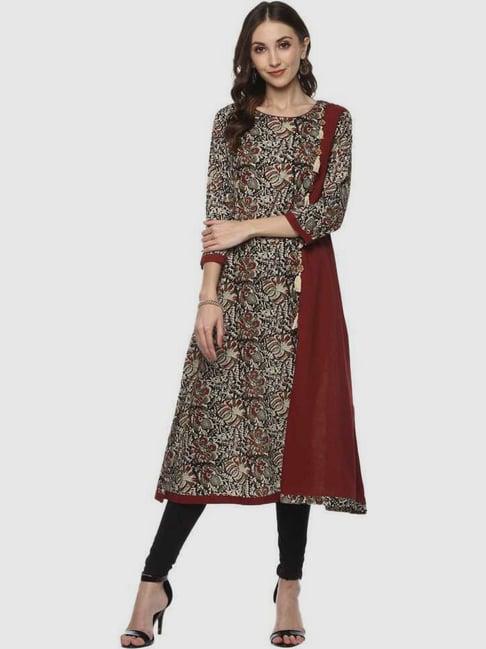 yash gallery maroon & beige cotton floral print a line kurta