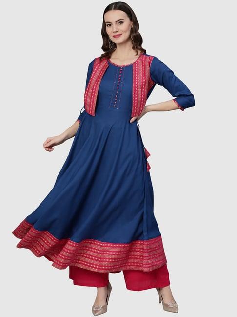 yash gallery blue & pink printed flared kurta