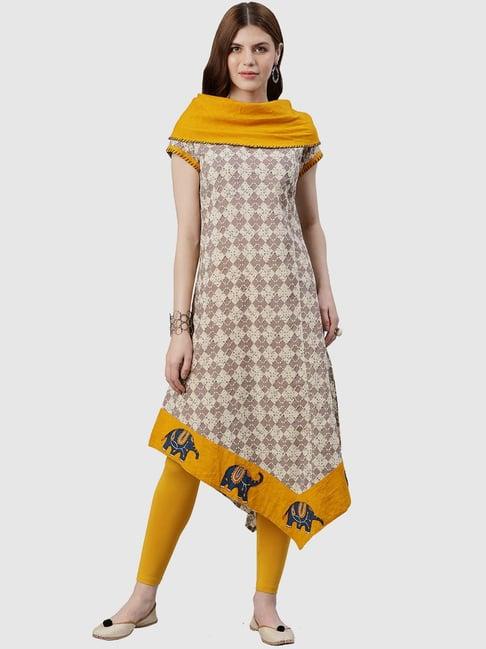 yash gallery beige & yellow cotton printed high low kurta