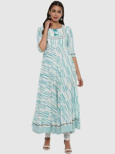 yash gallery white & sky blue cotton printed flared kurta