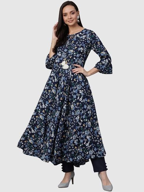 yash gallery navy floral print flared kurta