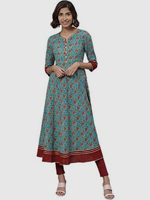 yash gallery teal blue floral print a line kurta