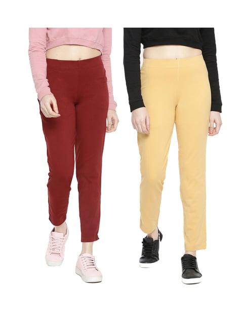 dollar missy maroon & yellow regular fit cigarette trousers (pack  of 2)