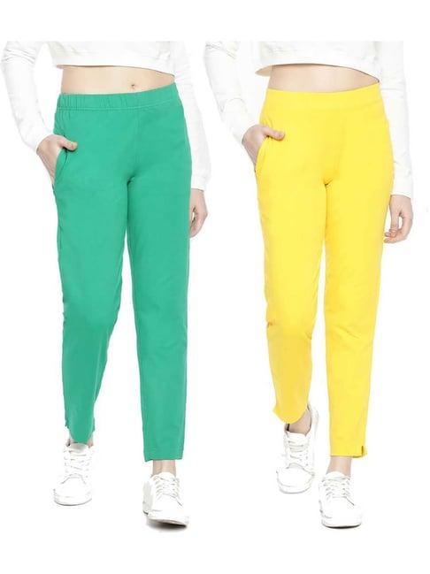 dollar missy forest green & yellow regular fit cigarette trousers (pack  of 2)