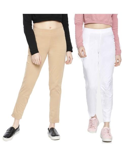 dollar missy beige & white regular fit cigarette trousers (pack  of 2)