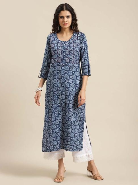 ksut navy cotton floral print regular fit kurta