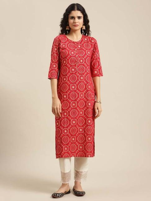 ksut red cotton bandhani print regular fit kurta