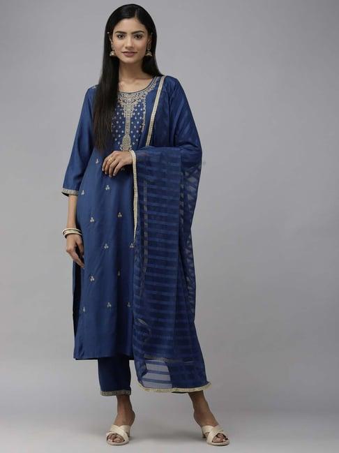 yufta navy embroidered straight fit kurta with pant & dupatta