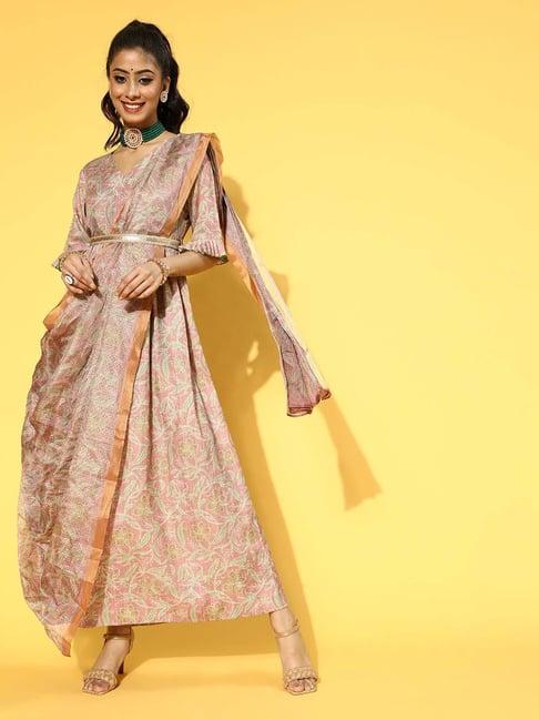 yufta peach floral print relaxed fit maxi dress