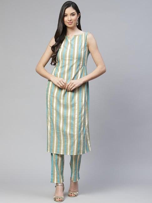 cottinfab blue striped cotton kurta set