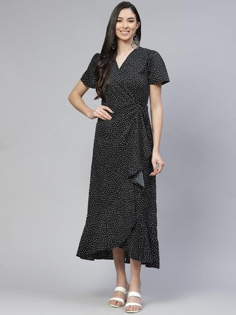 cottinfab black polka dot wrap crepe dress