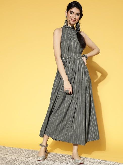 yufta grey pure cotton printed maxi dress