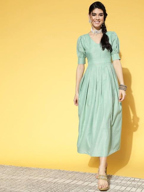 yufta green pure cotton striped maxi dress