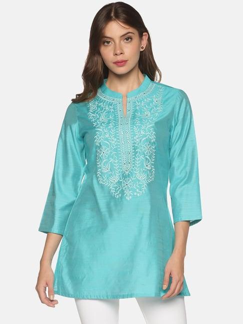 saffron threads turquoise embroidered tunic