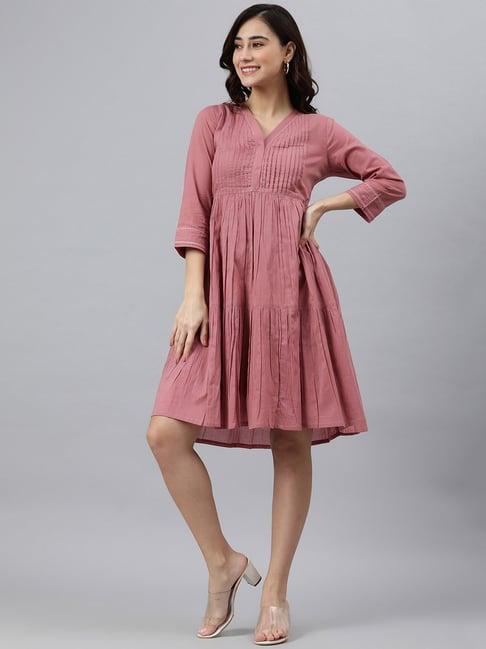 janasya pink pleated cotton empire-line dress