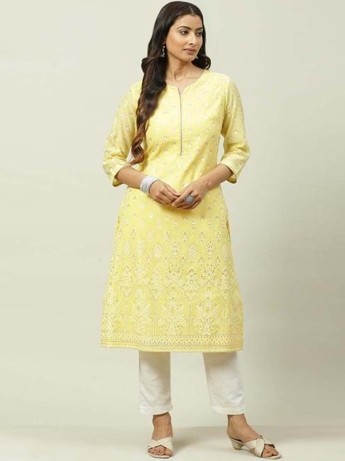 biba light yellow printed kurti