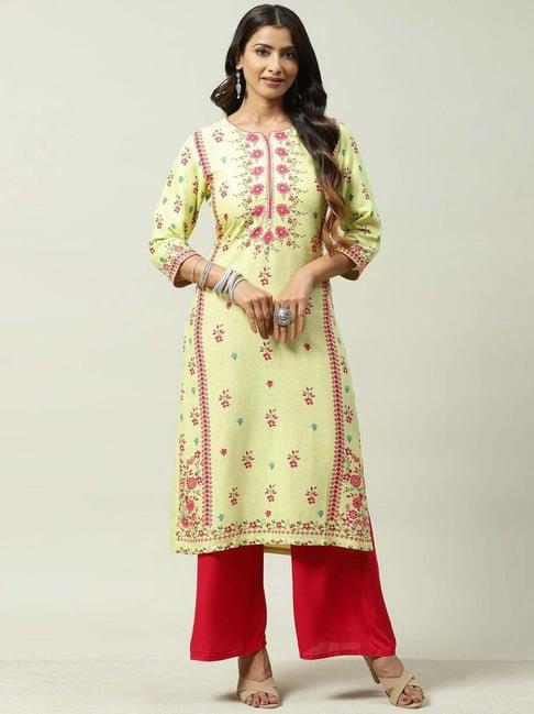 biba lime yellow & pink cotton floral kurti