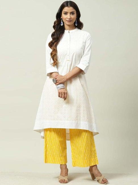 biba white & yellow cotton printed kurta palazzo set