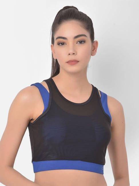 clovia blue & black non wired padded sports bra